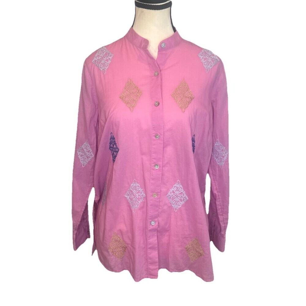 J Jill Top Women’s PINK Button Up Embroidered Boho Button Up Shirt Sz XS Petite